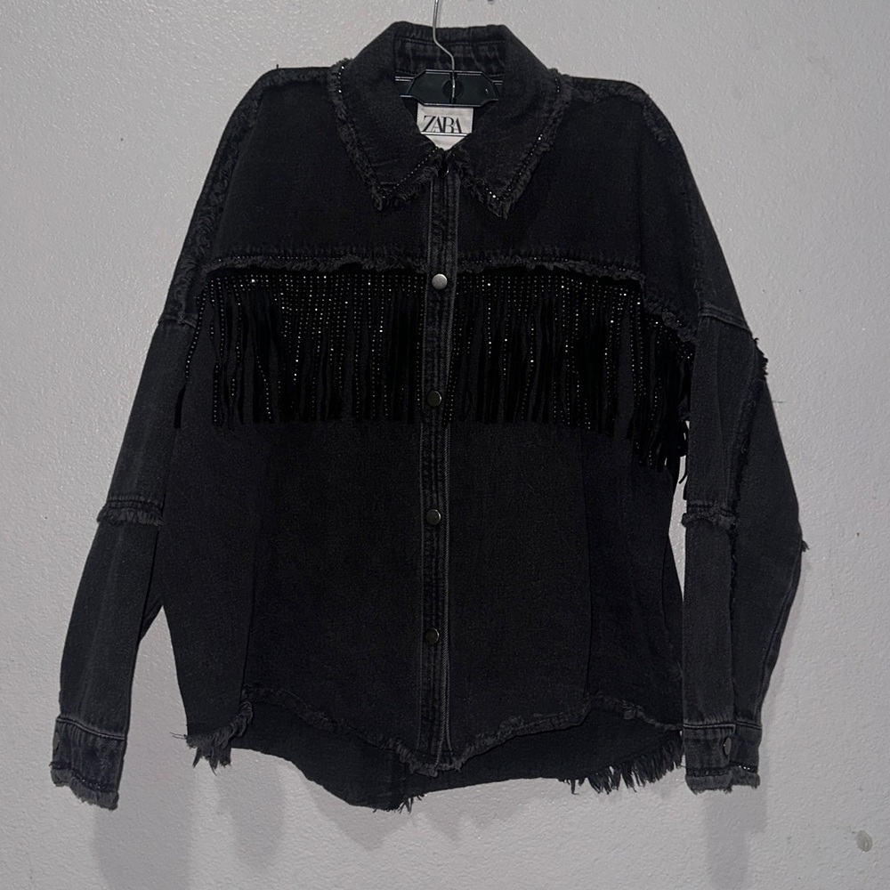 Zara Black Fringe Denim Jacket - Picture 2 of 5